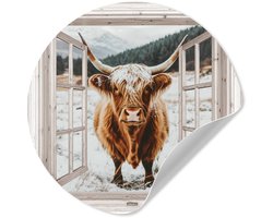 WallCircle® - Behangcirkel 30x30 cm - Muurstickers Schotse Hooglander - Winterlandschap - Landelijk - Bergen - Doorkijk - Muurcirkel woonkamer - Wandcirkel slaapkamer - Kamer decoratie zelfklevend - Muurdecoratie accessoires