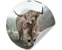 WallCircle® - Behangcirkel 50x50 cm - Muurstickers Schotse Hooglander - Bos - Mist - Koe - Dieren - Natuur - Muurcirkel woonkamer - Wandcirkel slaapkamer - Kamer decoratie zelfklevend - Muurdecoratie accessoires