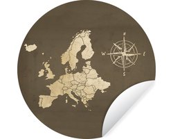 WallCircle - Muurstickers - Behangcirkel - Europa kaart - Vintage - Windroos - ⌀ 30 cm - Muurcirkel - Zelfklevend - Ronde Behangsticker