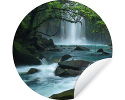WallCircle - Muurstickers - Behangcirkel - Helderblauwe wilde rivier en watervallen in het regenwoud van Costa Rica - 50x50 cm - Muurcirkel - Zelfklevend - Ronde Behangsticker