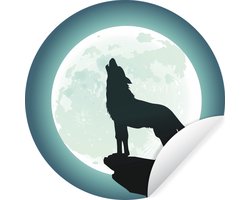 WallCircle - Muurstickers - Behangcirkel - Wolf - Maan - Steen - 80x80 cm - Muurcirkel - Zelfklevend - Ronde Behangsticker
