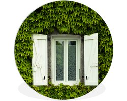 WallCircle - Wandcirkel ⌀ 120 - Raam met luiken tussen de klimplanten - Ronde schilderijen woonkamer - Wandbord rond - Muurdecoratie cirkel - Kamer decoratie binnen - Wanddecoratie muurcirkel - Woonaccessoires XXL