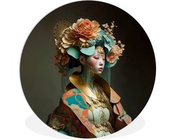 WallCircle - Wandcirkel ⌀ 120 - Vrouw - Bloemen - Oranje - Portret - Asian - Ronde schilderijen woonkamer - Wandbord rond - Muurdecoratie cirkel - Kamer decoratie binnen - Wanddecoratie muurcirkel - Woonaccessoires XXL