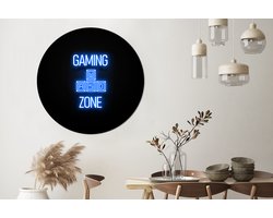 WallCircle - Wandcirkel 140x140 - Gaming - Tekst - Gaming zone - Neon - Blauw - Ronde schilderijen woonkamer - Wandbord rond - Muurdecoratie cirkel - Kamer decoratie binnen - Wanddecoratie muurcirkel - Woonaccessoires