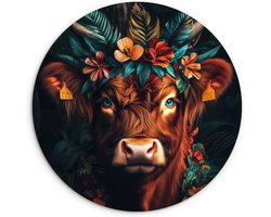 WallCircle - Wandcirkel 140x140 - Schotse Hooglander - Bloemen - Bladeren - Ronde schilderijen woonkamer - Wandbord rond - Muurdecoratie cirkel - Kamer decoratie binnen - Wanddecoratie muurcirkel - Woonaccessoires