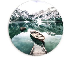WallCircle® Wandcirkel 150x150 cm - Muurcirkel Bergen - Sneeuw - Winter - Boten - Natuur - Varen - Fotografie - Muurdecoratie woonkamer - Wanddecoratie slaapkamer - Kamer decoratie accessoires - Ronde schilderijen - Woonaccessoires