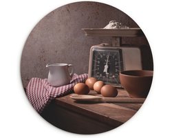 WallCircle - Wandcirkel 150x150 - Stilleven - Koken - Weegschaal - Eieren - Keuken - Ronde schilderijen woonkamer - Wandbord rond - Muurdecoratie cirkel - Kamer decoratie binnen - Wanddecoratie muurcirkel - Woonaccessoires