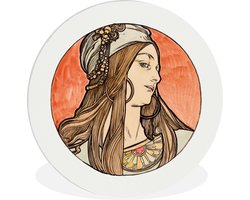WallCircle - Wandcirkel ⌀ 30 - Vrouw - Art nouveau - Pastel - Ronde schilderijen woonkamer - Wandbord rond - Muurdecoratie cirkel - Kamer decoratie binnen - Wanddecoratie muurcirkel - Woonaccessoires
