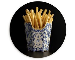 WallCircle® Wandcirkel 30x30 cm - Muurcirkel Friet - Porselein - Delfts blauw - Eten - Muurdecoratie woonkamer - Wanddecoratie keuken - Kamer decoratie accessoires - Ronde schilderijen