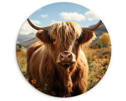 WallCircle® Wandcirkel 30x30 cm - Muurcirkel Schotse hooglander - Bloemen - Hoorns - Wolken - Muurdecoratie woonkamer - Wanddecoratie slaapkamer - Kamer decoratie accessoires - Ronde schilderijen