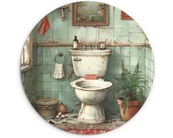 WallCircle® Wandcirkel 30x30 cm - Muurcirkel Vintage - Toilet - Illustratie - Badkamer - Tekening - Muurdecoratie woonkamer - Wanddecoratie slaapkamer - Kamer decoratie accessoires - Ronde schilderijen - Woonaccessoires cirkel binnen
