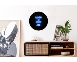 WallCircle - Wandcirkel 30x30 - Gaming - Tekst - Gaming zone - Neon - Blauw - Ronde schilderijen woonkamer - Wandbord rond - Muurdecoratie cirkel - Kamer decoratie binnen - Wanddecoratie muurcirkel - Woonaccessoires