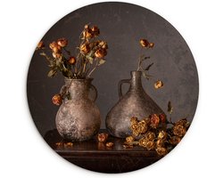 WallCircle - Wandcirkel 30x30 - Stilleven - Bloemen - Vaas - Donker - Ronde schilderijen woonkamer - Wandbord rond - Muurdecoratie cirkel - Kamer decoratie binnen - Wanddecoratie muurcirkel - Woonaccessoires