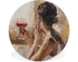 WallCircle - Wandcirkel ⌀ 60 - Schilderij - Olieverf - Vrouw - Wijn - Ronde schilderijen woonkamer - Wandbord rond - Muurdecoratie cirkel - Kamer decoratie binnen - Wanddecoratie muurcirkel - Woonaccessoires