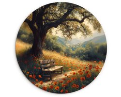 WallCircle® Wandcirkel 60x60 cm - Muurcirkel Bankje - Boom - Klaprozen - Heuvels - Muurdecoratie woonkamer - Wanddecoratie slaapkamer - Kamer decoratie accessoires - Ronde schilderijen