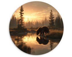WallCircle® Wandcirkel 60x60 cm - Muurcirkel Beer - water - Bos - Ochtendlicht - Muurdecoratie woonkamer - Wanddecoratie slaapkamer - Kamer decoratie accessoires - Ronde schilderijen