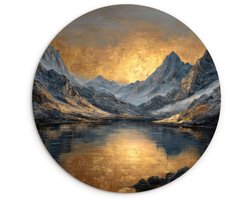 WallCircle® Wandcirkel 60x60 cm - Muurcirkel Berglandschap met Gouden Zonsondergang - Muurdecoratie woonkamer - Wanddecoratie slaapkamer - Kamer decoratie accessoires - Ronde schilderijen