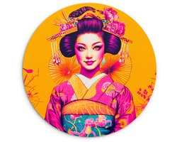 WallCircle® Wandcirkel 60x60 cm - Muurcirkel Bloemen - Vrouw - Kimono - Roze - Muurdecoratie woonkamer - Wanddecoratie slaapkamer - Kamer decoratie accessoires - Ronde schilderijen