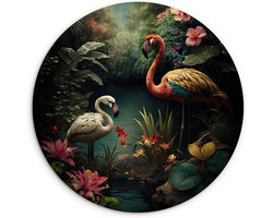 WallCircle® Wandcirkel 60x60 cm - Muurcirkel Flamingo - Bloemen - Jungle - Vogels - Natuur - Planten - Dieren - Muurdecoratie woonkamer - Wanddecoratie slaapkamer - Kamer decoratie accessoires - Ronde schilderijen - Woonaccessoires