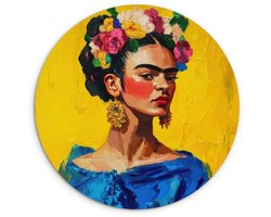 WallCircle® Wandcirkel 60x60 cm - Muurcirkel Frida Kahlo - Vrouw - Geel - Blauw - Bloemen - Muurdecoratie woonkamer - Wanddecoratie slaapkamer - Kamer decoratie accessoires - Ronde schilderijen