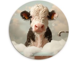 WallCircle® Wandcirkel 60x60 cm - Muurcirkel Kalf - Koe - Bad - Schuim - Dieren - Humor - Badkamer - Muurdecoratie woonkamer - Wanddecoratie slaapkamer - Kamer decoratie accessoires - Ronde schilderijen - Woonaccessoires binnen cirkel