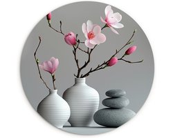 WallCircle® Wandcirkel 60x60 cm - Muurcirkel Magnolia - Bloemen - Roze - Zen stenen - Vaas - Planten - Takken - Muurdecoratie woonkamer - Wanddecoratie slaapkamer - Kamer decoratie accessoires - Ronde schilderijen - Woonaccessoires