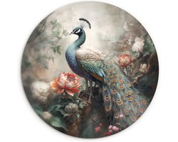WallCircle® Wandcirkel 60x60 cm - Muurcirkel Pauw - Pauwenveren - Vogel - Bos - Jungle - Bloemen - Muurdecoratie woonkamer - Wanddecoratie slaapkamer - Kamer decoratie accessoires - Ronde schilderijen - Woonaccessoires cirkel binnen