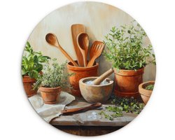 WallCircle® Wandcirkel 60x60 cm - Muurcirkel Potten - Kruiden - Hout - Muurdecoratie woonkamer - Wanddecoratie keuken - Kamer decoratie accessoires - Ronde schilderijen