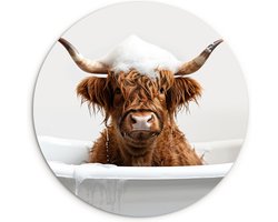 WallCircle® Wandcirkel 60x60 cm - Muurcirkel Schotse Hooglander - Bad - Koe - Dieren - Schuim - Humor - Dierenportret - Muurdecoratie woonkamer - Wanddecoratie cirkel slaapkamer - Kamer decoratie accessoires - Ronde schilderijen binnen