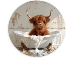 WallCircle® Wandcirkel 60x60 cm - Muurcirkel Schotse hooglander - Badkuip - Vintage - Koe - Dieren - Schuim - Badkamer - Muurdecoratie cirkel woonkamer - Wanddecoratie slaapkamer - Kamer decoratie accessoires - Ronde schilderijen