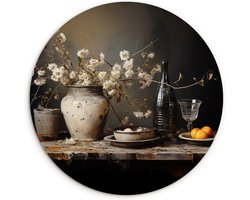 WallCircle® Wandcirkel 60x60 cm - Muurcirkel Stilleven - Bloemen - Boeket - Vaas - Wijn - Kunst - Muurdecoratie woonkamer - Wanddecoratie slaapkamer - Keuken - Kamer decoratie accessoires - Ronde schilderijen - Woonaccessoires