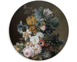 WallCircle® Wandcirkel 60x60 cm - Muurcirkel Stilleven - Bloemen - Schilderij van Eelke Jelles Eelkema - Oude Meesters - Muurdecoratie woonkamer - Wanddecoratie slaapkamer - Kamer decoratie cirkel accessoires - Ronde schilderijen