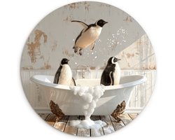 WallCircle® Wandcirkel 60x60 cm - Muurcirkel Vintage - Pinguïn - Badkuip - Schuim - Vogels - Dieren - Badkamer - Muurdecoratie cirkel woonkamer - Wanddecoratie slaapkamer - Kamer decoratie accessoires - Ronde schilderijen binnen