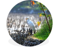 WallCircle - Wandcirkel ⌀ 90 - Bijzondere grote zilverreiger kijkt uit over een lotusbloemvijver in Taipei - Ronde schilderijen woonkamer - Wandbord rond - Muurdecoratie cirkel - Kamer decoratie binnen - Wanddecoratie muurcirkel - Woonaccessoires