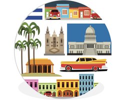 WallCircle - Wandcirkel ⌀ 90 - Een collage over het eiland Cuba in een illustratie - Ronde schilderijen woonkamer - Wandbord rond - Muurdecoratie cirkel - Kamer decoratie binnen - Wanddecoratie muurcirkel - Woonaccessoires