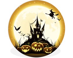 WallCircle - Wandcirkel ⌀ 90 - Een illustratie van een heks die over een kasteel vliegt tijdens Halloween - Ronde schilderijen woonkamer - Wandbord rond - Muurdecoratie cirkel - Kamer decoratie binnen - Wanddecoratie muurcirkel - Woonaccessoires