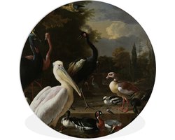WallCircle - Wandcirkel ⌀ 90 - Een pelikaan en ander gevogelte bij een waterbassin - Melchior d'Hondecoeter - Ronde schilderijen woonkamer - Wandbord rond - Muurdecoratie cirkel - Kamer decoratie binnen - Wanddecoratie muurcirkel - Woonaccessoires