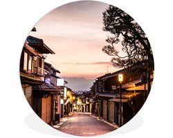 WallCircle - Wandcirkel ⌀ 90 - Zonsondergang over de Japanse straten van Gion in Kioto - Ronde schilderijen woonkamer - Wandbord rond - Muurdecoratie cirkel - Kamer decoratie binnen - Wanddecoratie muurcirkel - Woonaccessoires
