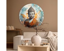 WallCircle - Wandcirkel 90x90 - Boeddha - Beeld - Wit - Munt - Ronde schilderijen woonkamer - Wandbord rond - Muurdecoratie cirkel - Kamer decoratie binnen - Wanddecoratie muurcirkel - Woonaccessoires