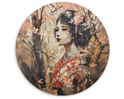 WallCircle® Wandcirkel 90x90 cm - Muurcirkel Kimono - Vrouw - kersenbomen - Muurdecoratie woonkamer - Wanddecoratie slaapkamer - Kamer decoratie accessoires - Ronde schilderijen