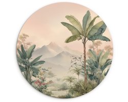 WallCircle® Wandcirkel 90x90 cm - Muurcirkel Tropisch landschap - palmbomen - Bloemen - Roze lucht - Muurdecoratie woonkamer - Wanddecoratie slaapkamer - Kamer decoratie accessoires - Ronde schilderijen