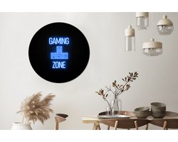 WallCircle - Wandcirkel 90x90 - Gaming - Tekst - Gaming zone - Neon - Blauw - Ronde schilderijen woonkamer - Wandbord rond - Muurdecoratie cirkel - Kamer decoratie binnen - Wanddecoratie muurcirkel - Woonaccessoires