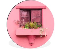WallCircle - Wandcirkel - Muurcirkel - Raam - Planten - Roze - Plantenbak - Aluminium - Dibond - ⌀ 60 cm - Binnen en Buiten