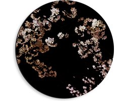 WallClassics - Dibond Muurcirkel - Wit met Roze Bloementjes met Zwarte Achtergrond - 40x40 cm Foto op Aluminium Muurcirkel (met ophangsysteem)