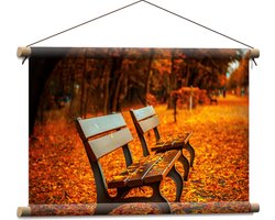 WallClassics - Textielposter - Bankjes tijdens Herfst in het Park - 60x40 cm Foto op Textiel