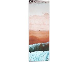 WallClassics - Tuinposter – Bovenaanzicht van Schuimende Golven naar het Strand toe - 30x90 cm Foto op Tuinposter (wanddecoratie voor buiten en binnen)