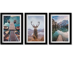 Wallfluent 3-Delige Schilderij Set - Meer Met Boten, Herten En Berglandschap - 20 x 30 cm - Stijlvolle Wanddecoratie - Interieur - Stijlvolle Muurdecoratie