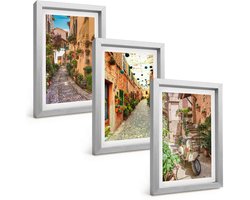 Wallfluent 3-Delige Schilderij Set - Sfeervolle Straatjes Met Bloemen In Een Italiaanse Ambiance. - 20 x 30 cm - Wanddecoratie - Muurdecoratie - Woonkamer - Stijlvolle Muurdecoratie