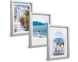 Wallfluent 3-Delige Schilderij Set - Witte Trap Met Planten, Uitzicht Op Zee En Poort - 20 x 30 cm - Wanddecoratie - Schilderijen Set - Interieur - Interieur Decoratie