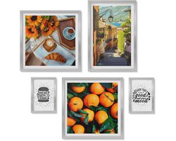 Wallfluent 4-Delige Schilderij Set - Cafésfeer, uitzicht op de straat en heerlijke accenten. - 50 x 50 cm, 20 x 30 cm en 40 x 60 cm - Muurdecoratie - Schilderijen Set - Woonkamer - Woonkamer Decoratie